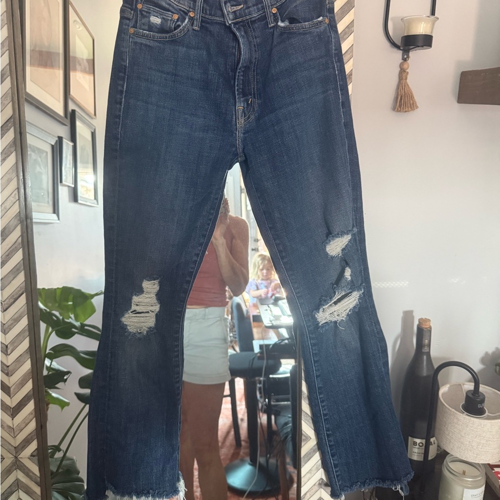 MOTHER Distressed Dark Blue Flare Jeans